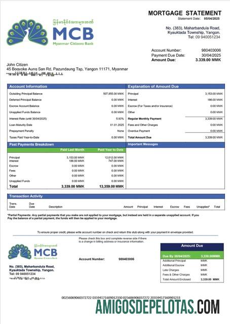 realista Modelo Word e PDF de extrato de hipoteca do Banco de Cidadãos de Mianmar